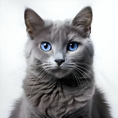 Portrait of a blue cat with blue eyes on a white background