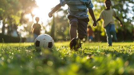 Children playing football in the park, summer games on vacation. Generative AI