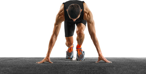 Young athletic man, professional jogger preparing before running from low start against transparent...