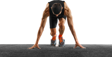 Young athletic man, professional jogger preparing before running from low start against transparent background. Concept of sport, active and healthy lifestyle, action, victory. Copy space. Ad