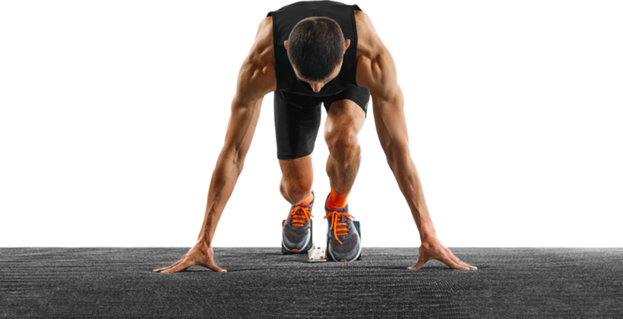 Young athletic man, professional jogger preparing before running from low start against transparent background. Concept of sport, active and healthy lifestyle, action, victory. Copy space. Ad