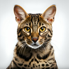Portrait of a bengal cat on a white background.