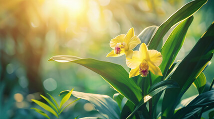 Closeup of yellow orchid flower and green leaf under space