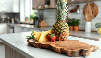 Wooden board with cut pineapple on table in kitchen - obrazy, fototapety, plakaty