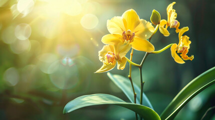 Closeup of yellow orchid flower and green leaf 