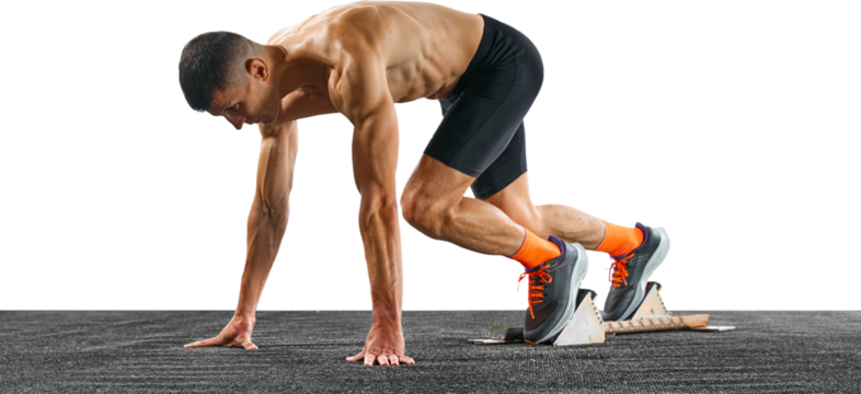 Side view full length portrait of young athletic sportsman, professional runner preparing before running from low start against transparent background. Concept of sport, active lifestyle, action. Ad