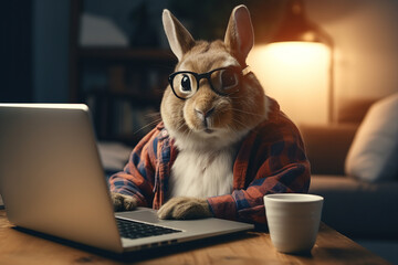 Generative AI image of funny rabbit looking at the laptop computer screen cozy flat