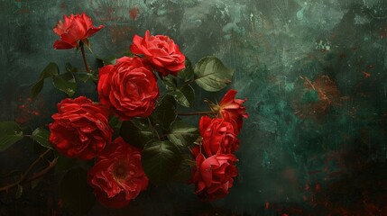 A cluster of vibrant red roses stands out against the backdrop of a moody setting