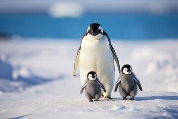 A family of penguins waddling along the icy shores of Antarctica. A penguins family huddled together