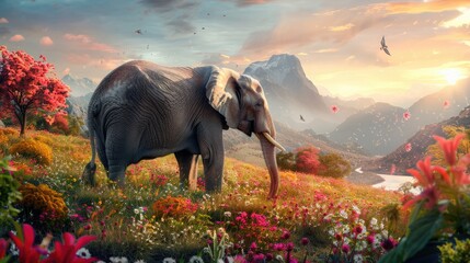 Elephant images, spring background, An elephant is standing on a natural background with lush green grass and colorful flowers - obrazy, fototapety, plakaty