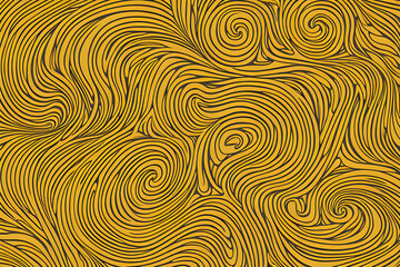 1970 Wavy Swirl Seamless Pattern in yellow Colors. Hand-Drawn. Seventies Style, Groovy Background, Wallpaper, Print. Flat Design, Hippie Aesthetic.