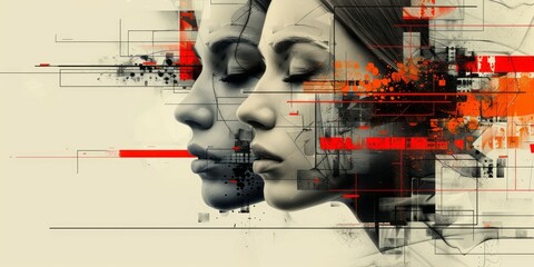 Double exposure of woman and man face combined with digital background. - obrazy, fototapety, plakaty