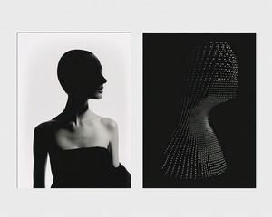 Black and white photographs of a woman's head and body morphed into a mannequin shape