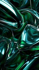 3d render, abstract background with green shiny glossy elements, fluid shapes and curves in dark color scheme Rembrandt lighting