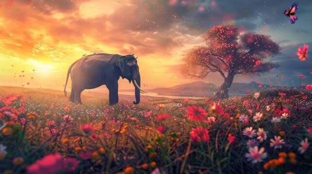 Elephant images, spring background, An elephant is standing on a natural background with lush green grass and colorful flowers