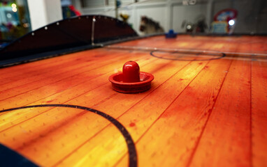 Air hockey game table. Close-up view.