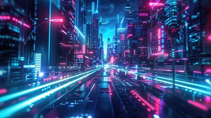 Fototapeta na wymiar Futuristic cyber city, future technology, flying cars, glowing neon lights, very advanced appearance, lights, speed images
