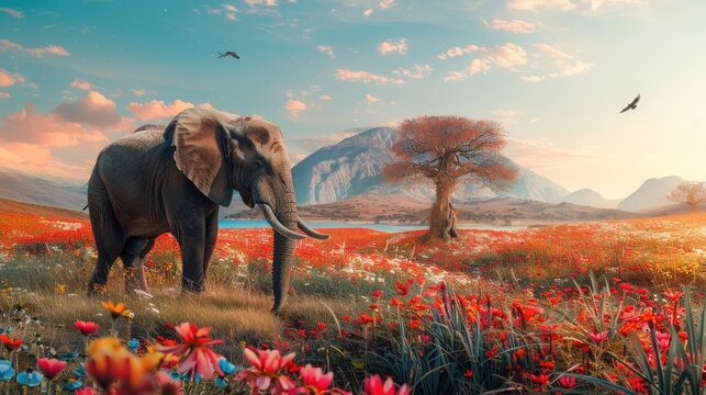 Elephant images, spring background, An elephant is standing on a natural background with lush green grass and colorful flowers
