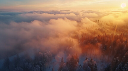 Clouds over the frost-covered trees in winter forest 