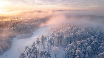 Clouds over the frost-covered trees in winter forest  - Powered by Adobe
