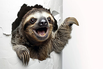 Fototapeta premium Surprised Sloth Breaking Through Wall