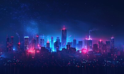 Cityscape transformed into a digital artwork, with data connections forming mesmerizing patterns against the night sky