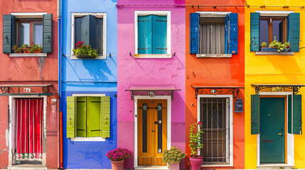 Fototapeta na wymiar Collage of 8 colorful windows and doors of Burano 