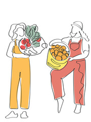 Hand drawn line art vector of a gardener holding a basket of durian. Green spikyfruit.GARDENING CONCEPT. fARMERS AND IMPPRTANCE OF FARMING. Organic food