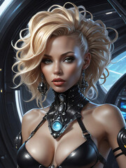 futuristic blonde princess posing in a spaceship, generative ai illustration, science fiction and fantasy scenery