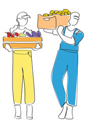 Hand drawn line art vector of a gardener holding a basket of durian. Green spikyfruit.GARDENING CONCEPT. fARMERS AND IMPPRTANCE OF FARMING. Organic food