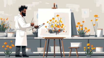 Illustration of an expressionist artist at work. Cartoon character with paintbrush painting picture. Conceptual design element depicting modern art, expressionism, and a biennale.
