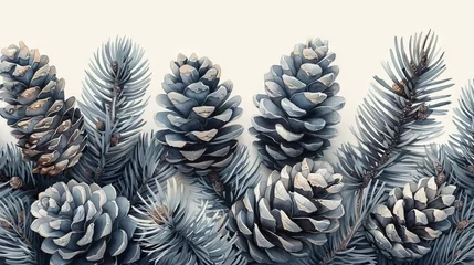 Foto auf Alu-Dibond The seamless pattern is hand-drawn with fir, pine, and cedar branches and cones. A realistic background of evergreen conifer plants against a monochrome botanical backdrop. © DZMITRY