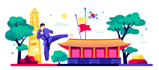 Welcome to South Korea - modern colored vector illustration with Northeast Asia Trade Tower, palace complex located in Seoul, man doing taekwondo in kimono, beautiful nature and national flag