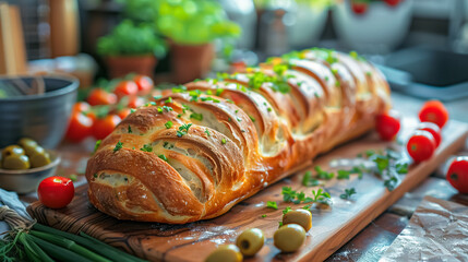 Freshly baked bread adorned with herbs, surrounded by ripe tomatoes and olives, capturing the essence of a gourmet kitchen atmosphere. 