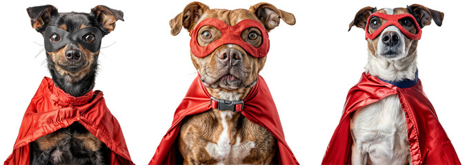 Collection of three dogs wearing a superhero costume with mask and red cape, isolated on a white background