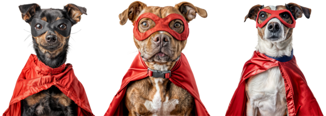 Collection of three dogs wearing a superhero costume with mask and red cape, isolated on a white background
