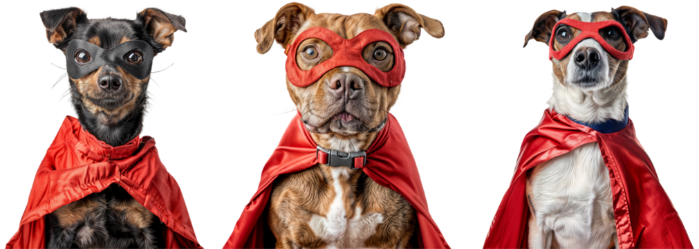 Collection of three dogs wearing a superhero costume with mask and red cape, isolated on a white background