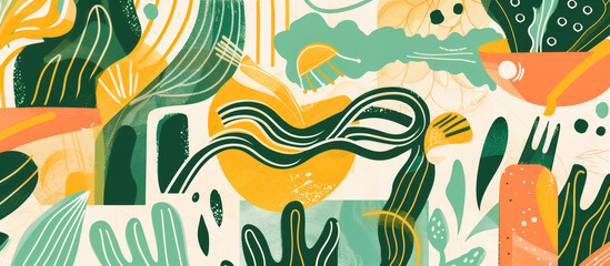 Abstract background with vibrant colors, featuring shapes and patterns that resemble various elements of nature, creating a visually stimulating piece.