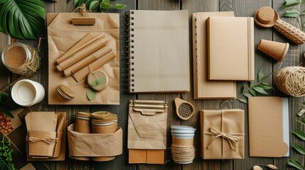 fvarious eco-friendly office supplies and other items made from recycled materials. - obrazy, fototapety, plakaty