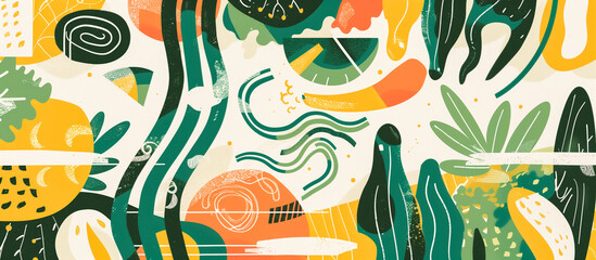 Abstract background with vibrant colors, featuring shapes and patterns that resemble various elements of nature, creating a visually stimulating piece.
