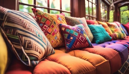 Playful Comfort: Cozy Seating Area with Bright Patterned Cushions"