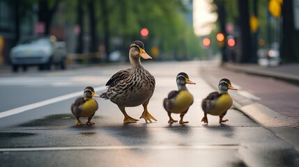 A lively group of ducks waddling together on the side of a road - Powered by Adobe