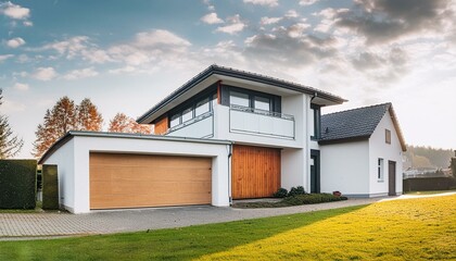 Fototapeta premium Serenity in Simplicity: Modern House with White Walls and Wooden Garage in Germany