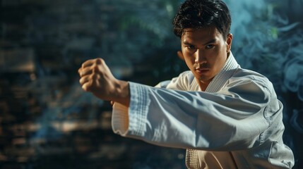 Highlight the intensity and focus of a martial artist as they prepare for a strike or defensive move stunning visual quality