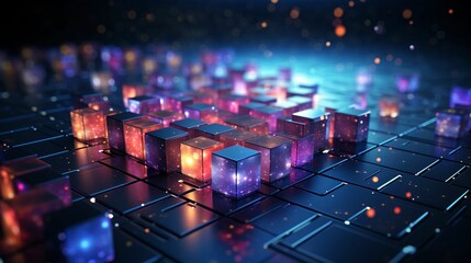 An abstract representation of qubits in action, with glowing connections and a dark, futuristic background , Puzzle, idea, concept, Vivid style, jigsaws,