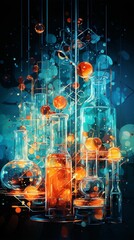An abstract arrangement of laboratory glassware with a subtle overlay of digital technology elements, symbolizing the synthesis of science and tech , abstract, technology