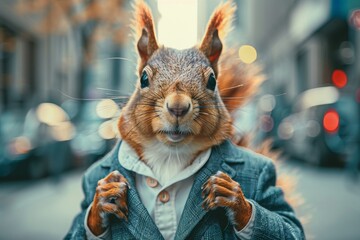 Shoot a picture of a well-dressed squirrel in a blazer working as a stockbroker in a bustling financial district - obrazy, fototapety, plakaty