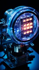 Detailed shot of a cuttingedge holographic light emitter, with a deep blue background enhancing the glow , ultra HD, super-detailed, professional color grading