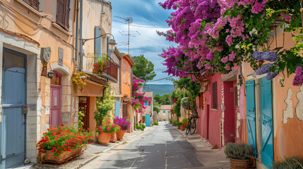 Fototapeta na wymiar Colorful architecture with blooming flowers 