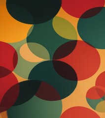 A retro pattern with circles and geometric shapes, in bold colors like reds, yellows, greens, blues, and browns